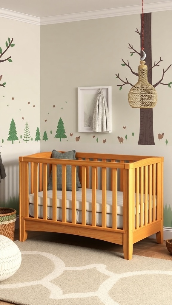 A solid wood crib in a woodland-themed nursery with trees and animal decals on the wall.