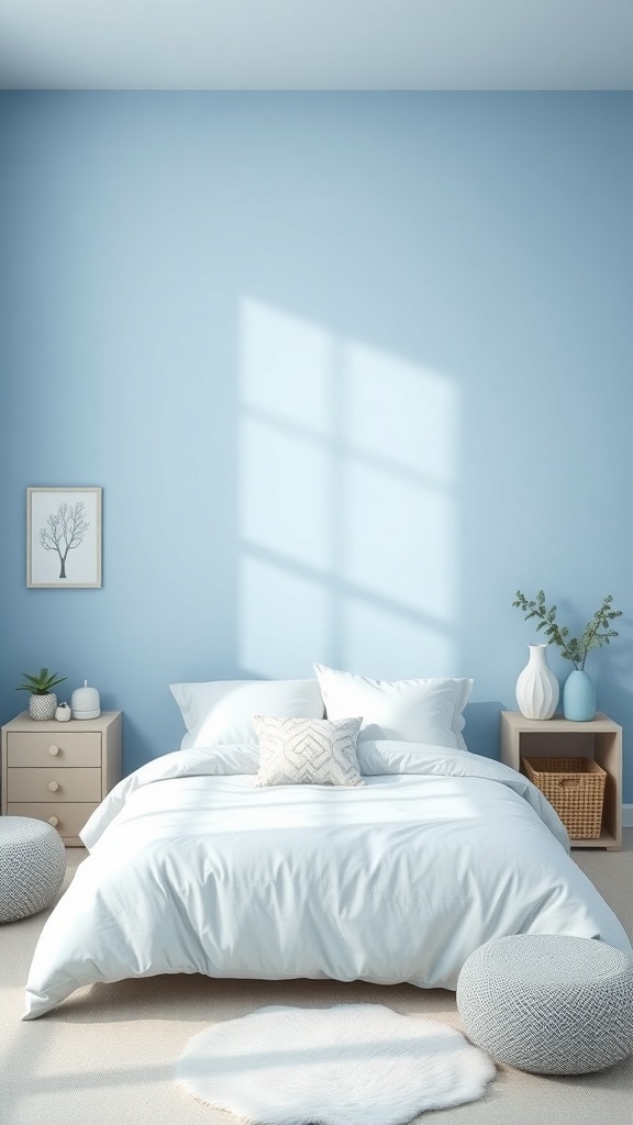 A serene blue gradient wall in a boy's bedroom with soft bedding and natural decor.