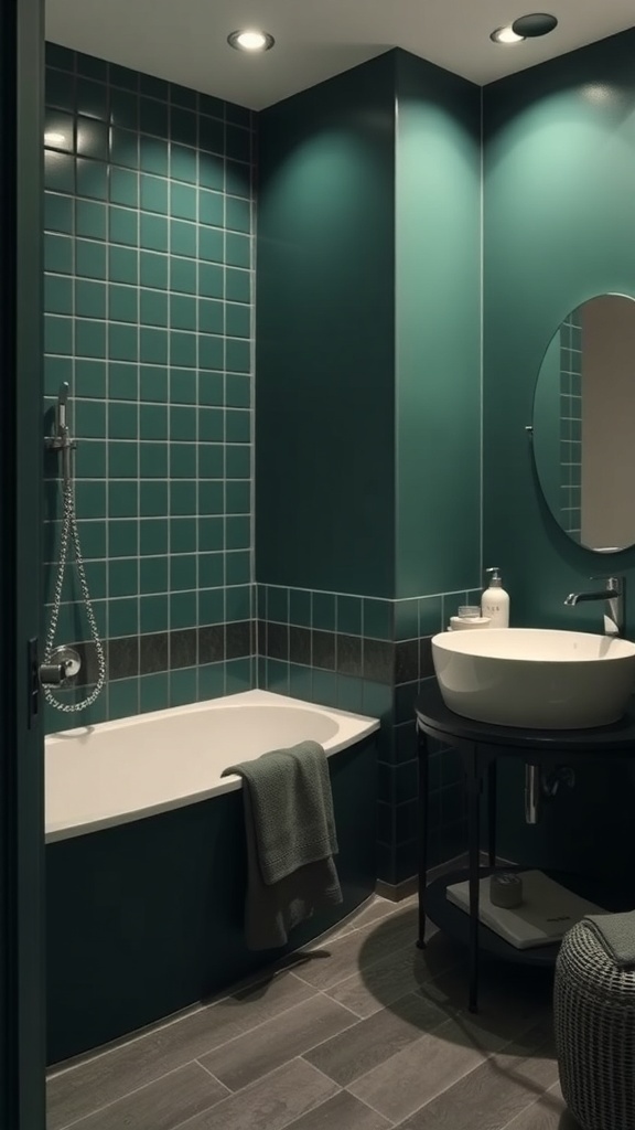 A dark green bathroom featuring emerald tile and a stylish vanity.