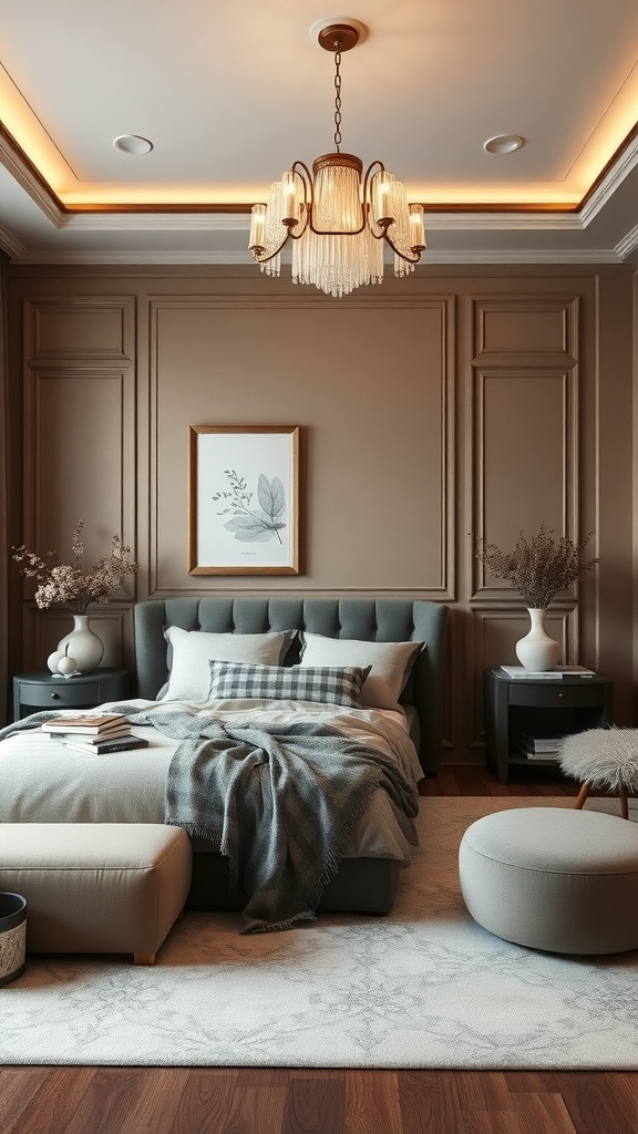 A luxurious bedroom featuring a taupe wall, gray headboard, and elegant chandelier, creating a sophisticated color palette.