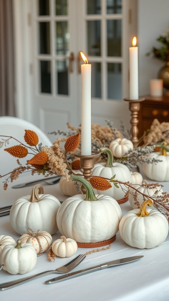Thanksgiving table setting featuring white pumpkins and gold candle holders