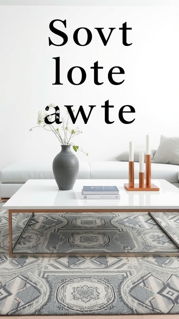 A modern white coffee table with a glass top, surrounded by a patterned rug and decorative items.