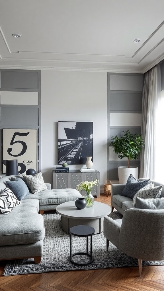 A modern living room featuring various shades of gray in furniture and decor.