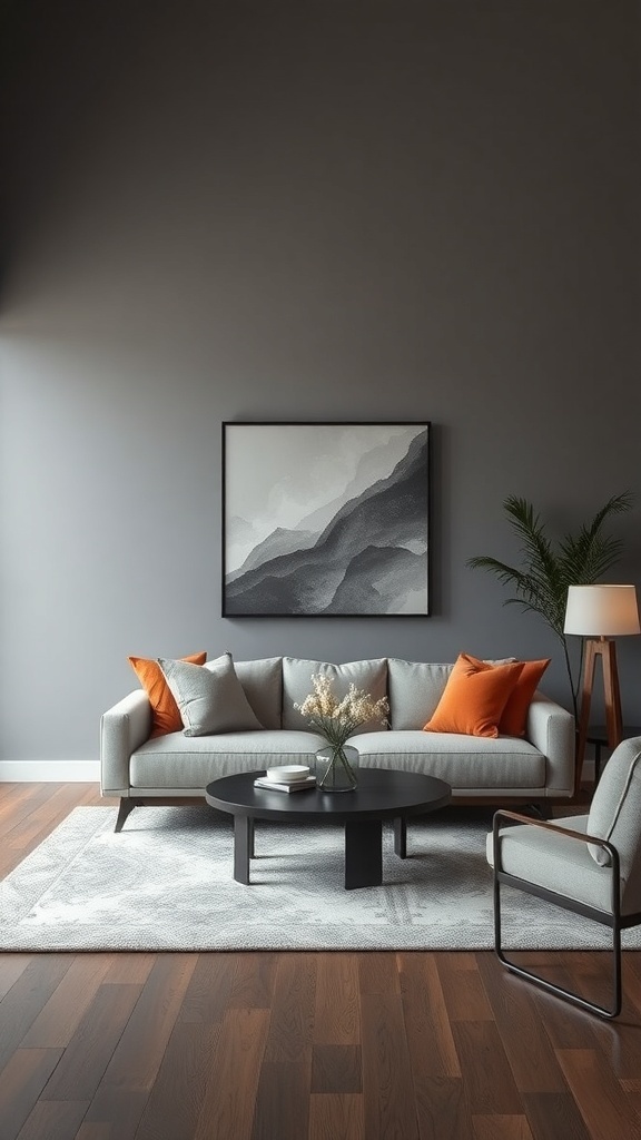A stylish living room featuring gray walls, a light gray sofa with burnt umber pillows, and a black coffee table.
