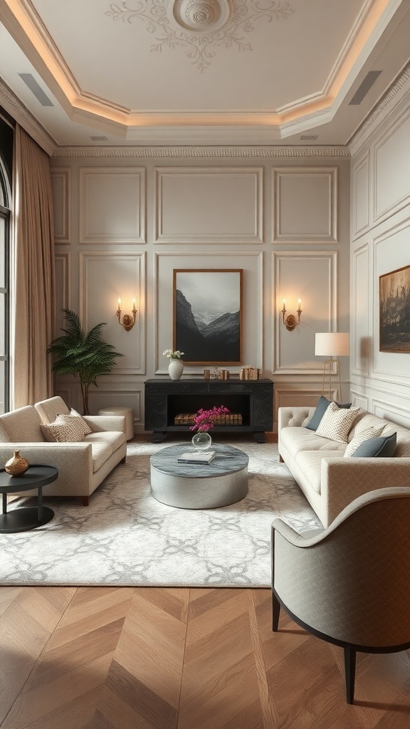 Sophisticated I-shaped living room featuring two sofas, a round coffee table, and elegant decor.