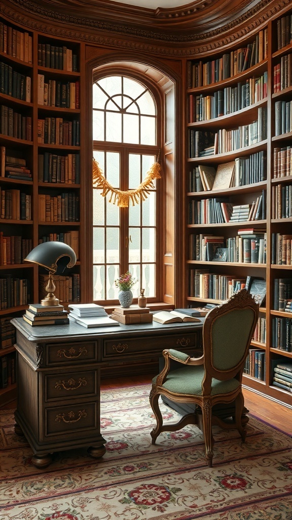 A sophisticated library office with wooden bookshelves, a classic desk, and a comfortable chair.