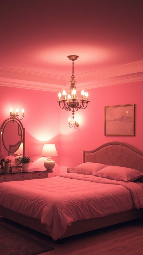 A pink bedroom featuring a chandelier and wall sconces for sophisticated lighting.