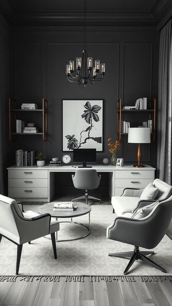 A sophisticated monochrome home office featuring dark walls, light furniture, and stylish decor.