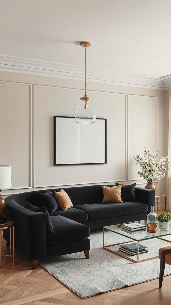 A modern living room featuring a black sofa, beige walls, and a glass coffee table.