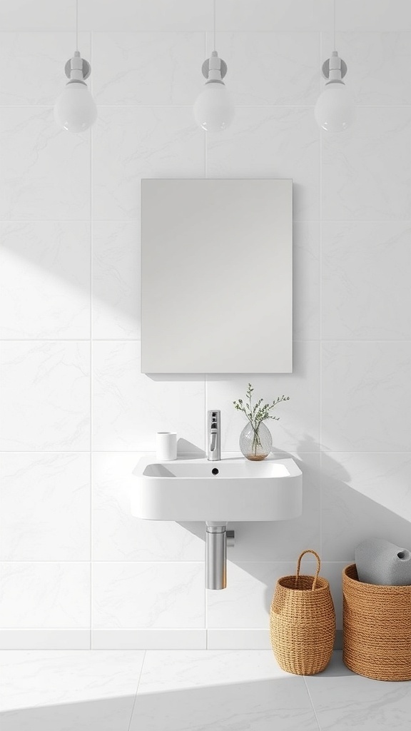A modern bathroom featuring a recessed medicine cabinet above a floating sink, with soft lighting and a minimalist design.