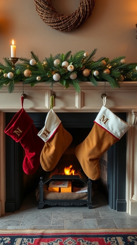 Three monogrammed stockings hanging from a mantel, adorned with a lush garland and candlelight.