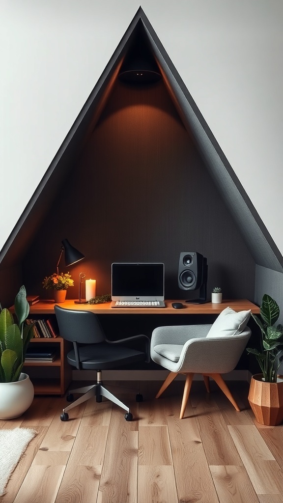 Aesthetic triangle nook workspace with a desk, computer, and sound control elements.