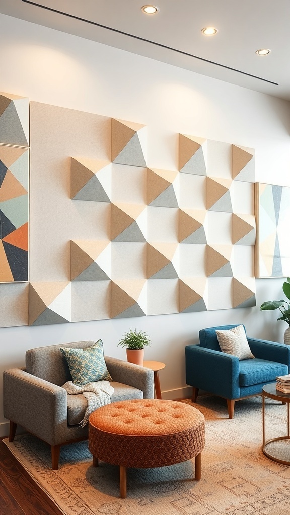 Geometric soundproof panels on a wall with modern seating and decor.