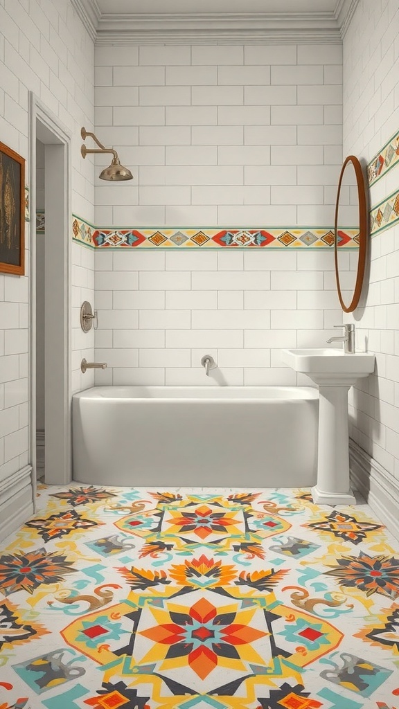 A bathroom with southwestern-inspired tile designs featuring colorful geometric patterns on the floor and a decorative tile band on the walls.