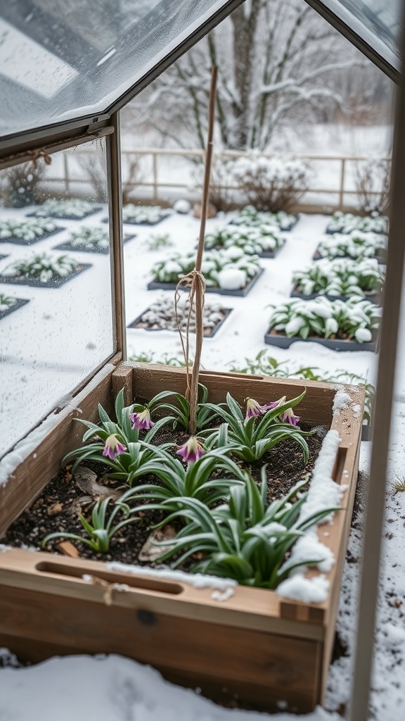 A cold frame in winter with young Aquilegia plants growing inside, surrounded by snow.