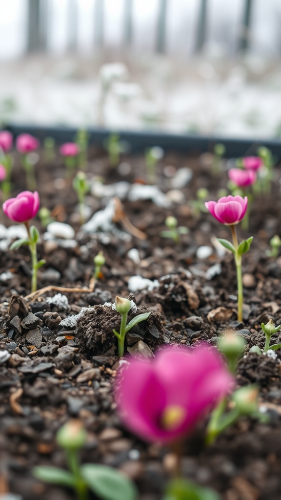 Young sweet pea plants with pink flowers emerging from the soil in a winter garden.