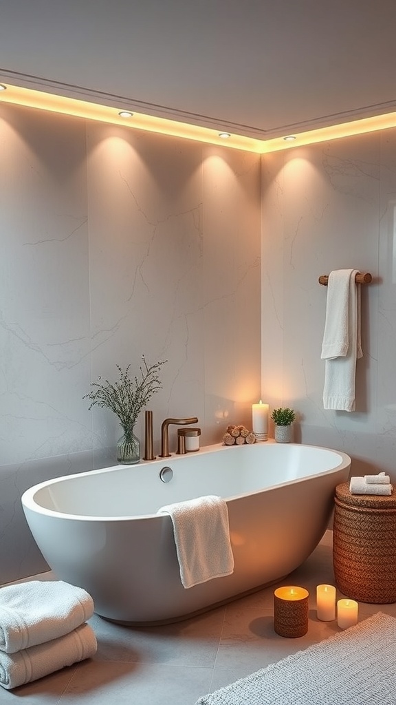 A modern bathroom with a freestanding bathtub, soft lighting, candles, and natural decor.