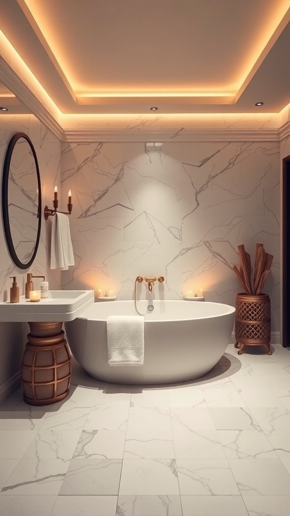 A luxurious bathroom featuring a freestanding tub, marble tiles, soft lighting, and candles.