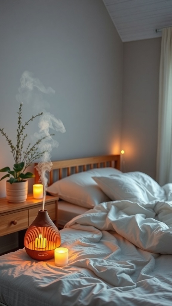 A serene bedroom with a diffuser, candles, and soft bedding, creating a calming atmosphere.