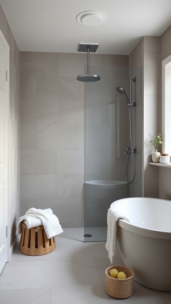 A modern Scandinavian bathroom featuring a freestanding bathtub, glass shower, and wooden stool.