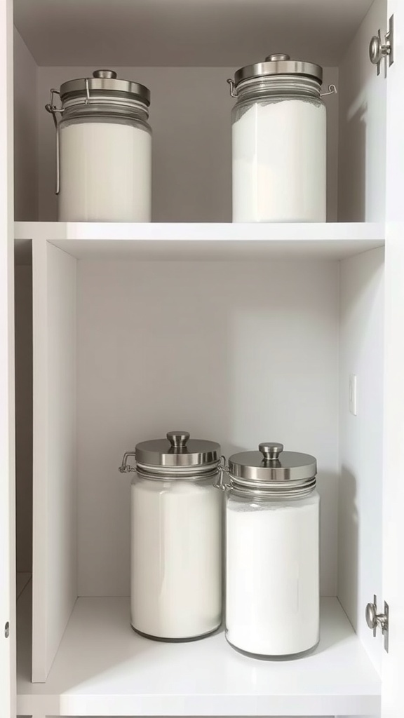 Clear space-saving canisters for flour and sugar on pantry shelves