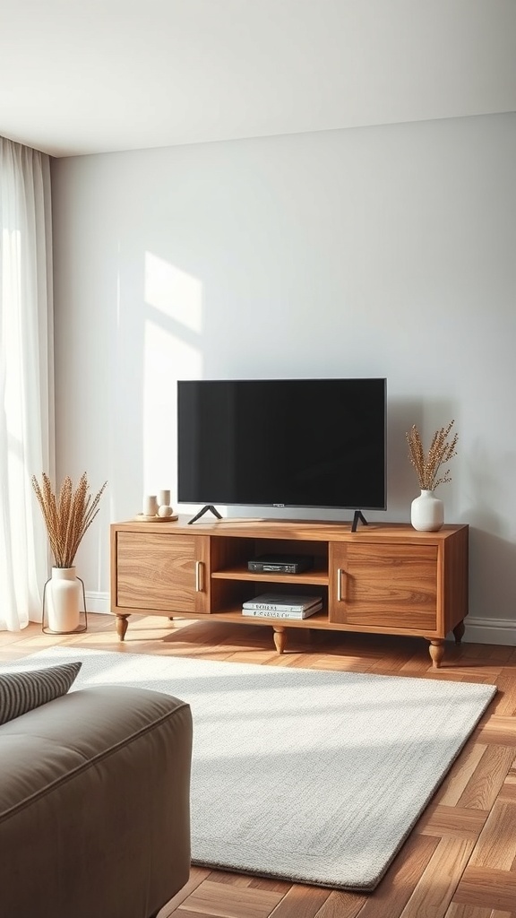 A modern walnut TV stand with storage, featuring a television on top and decorative items around it, set in a cozy living room.