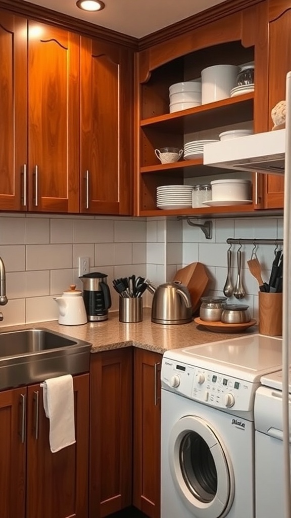 Cozy kitchen corner with cherry cabinets and a washing machine
