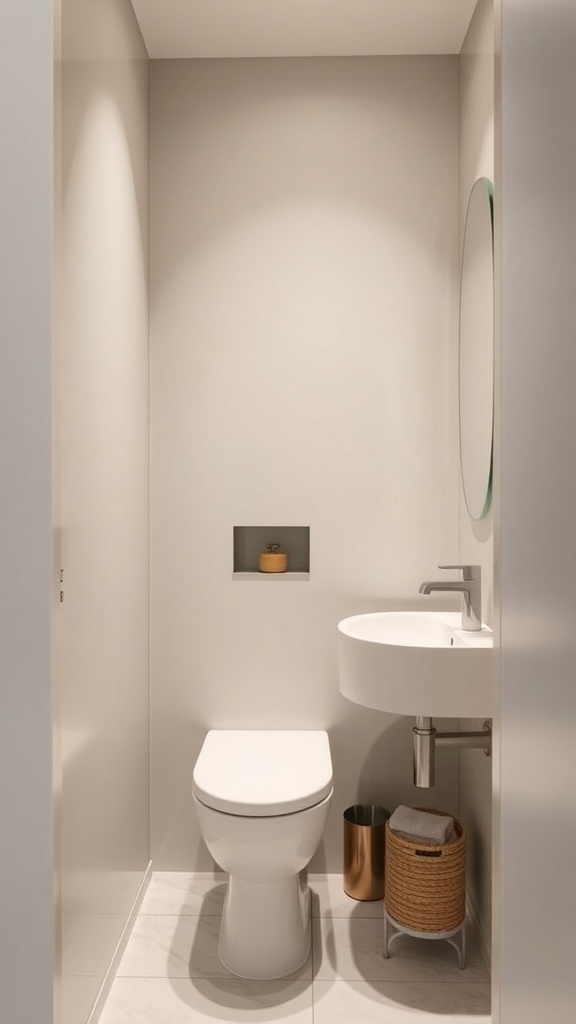 Minimalist powder room with wall-mounted sink and compact toilet, featuring a recessed shelf for storage.
