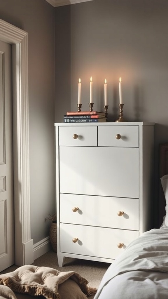 A tall white chest of drawers with gold knobs, styled with candles and books, in a cozy bedroom setting.