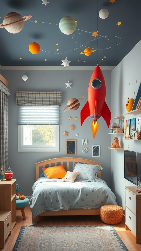 A boy's room decorated with a space theme, featuring planets on the ceiling and a red rocket hanging down.