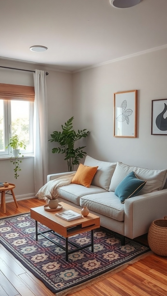 Cozy living room with a click-clack sofa bed, coffee table, and decorative elements.