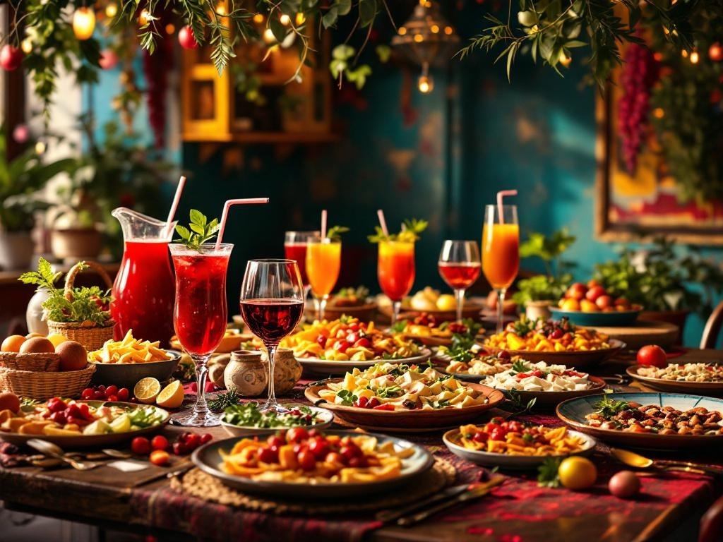 A vibrant table set for a Spanish Tapas Night, featuring colorful dishes, drinks, and a lively atmosphere.