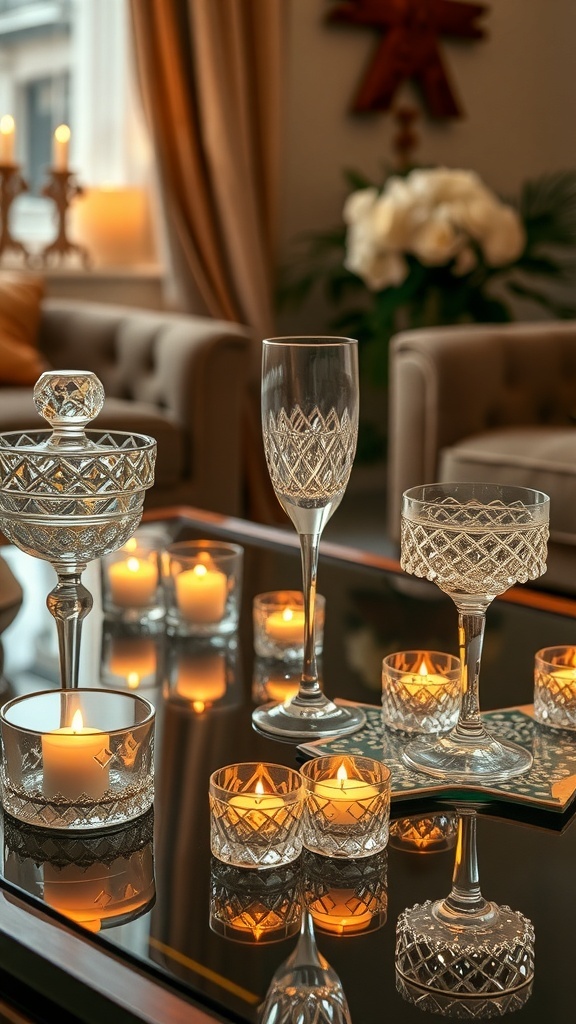 A coffee table decorated with crystal glassware and candles, creating a warm and inviting holiday atmosphere.