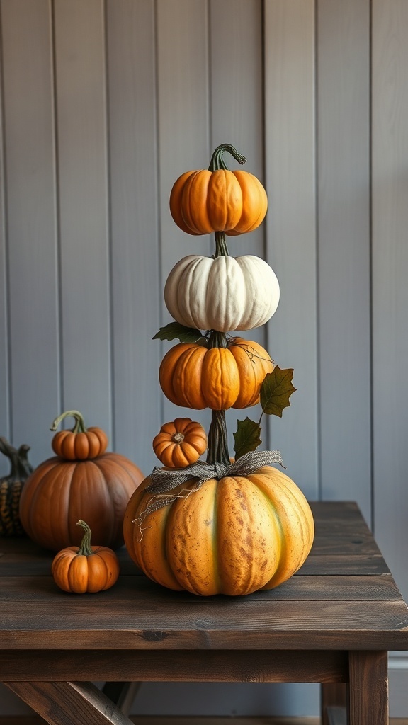Stacked pumpkins in various colors creating a decorative centerpiece.