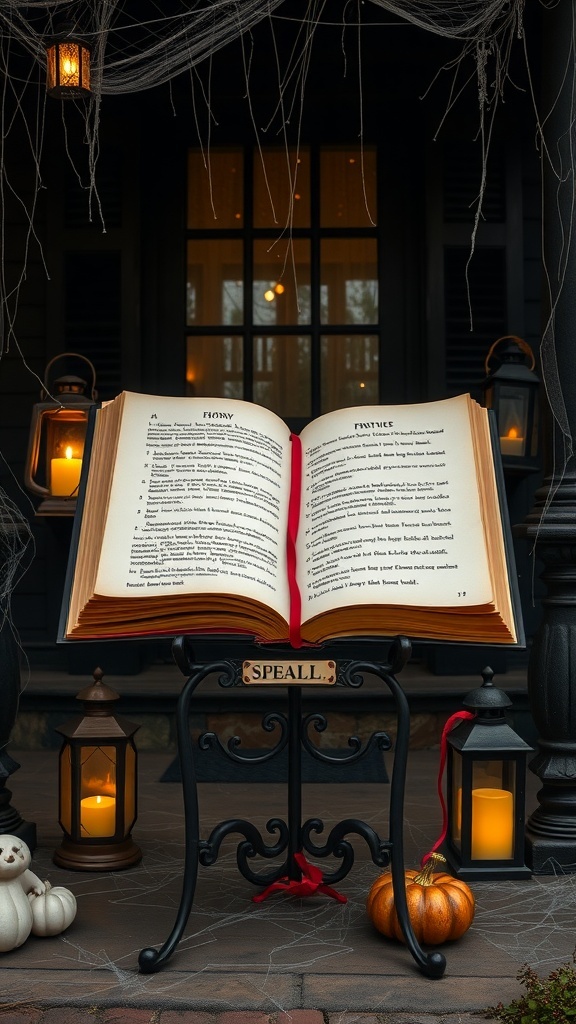 An open spellbook on a stand with lanterns and a pumpkin on a Halloween porch.