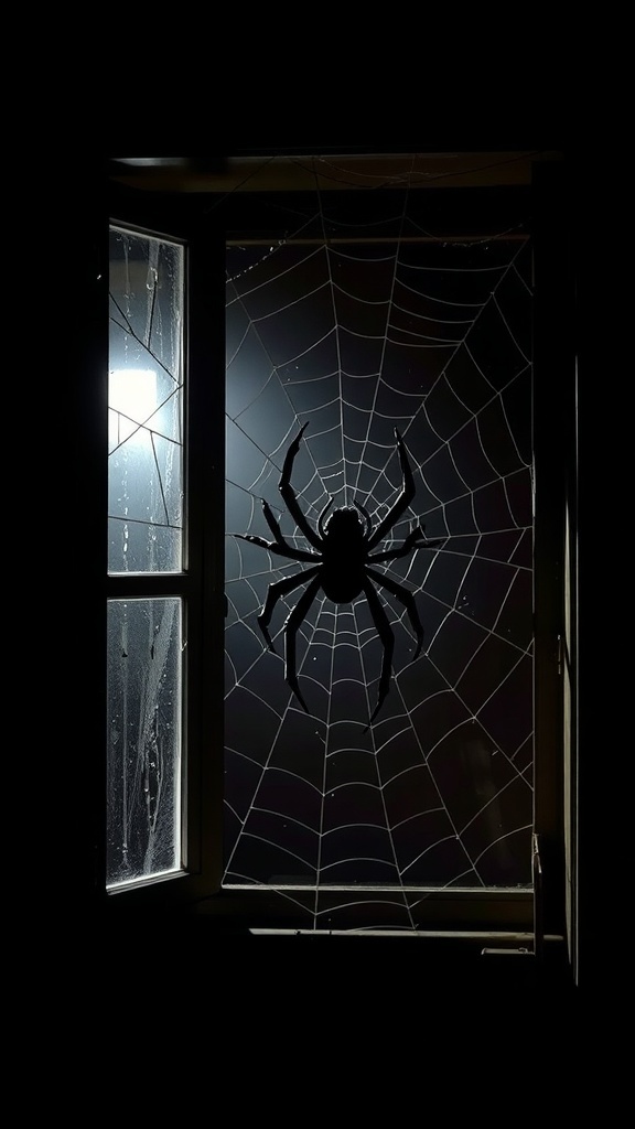 A spooky spider silhouette on a window with a web design, creating a Halloween atmosphere.