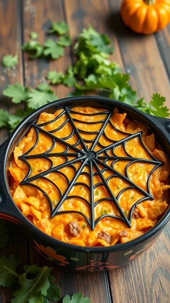A spooky layered taco dip with a spider web design on top, surrounded by fresh cilantro and a small pumpkin.