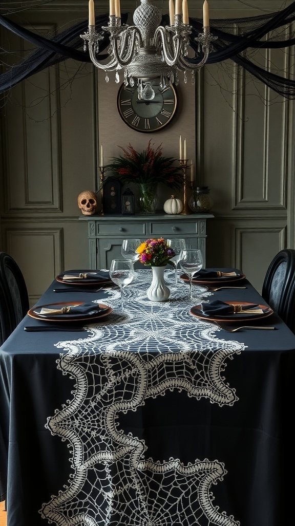 A dining table decorated with a spiderweb table runner, dark tablecloth, elegant glassware, and a floral centerpiece.