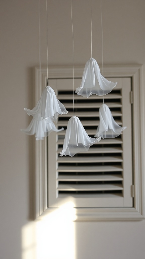 Hanging white fabric ghosts swaying gently in the air