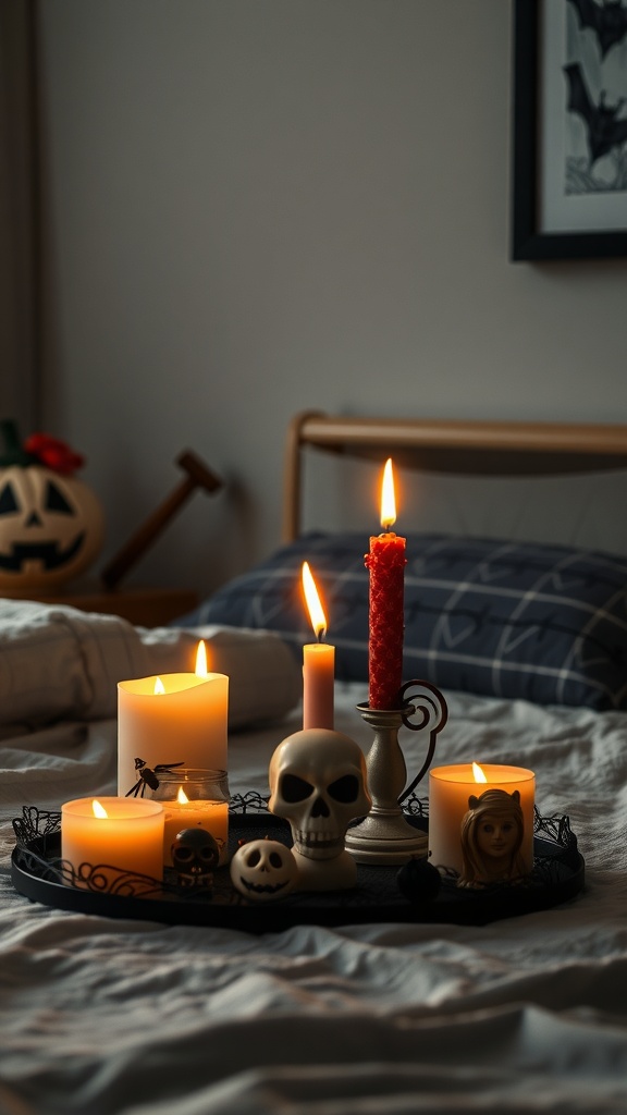 A cozy Halloween candle display featuring various candles, including a skull, on a tray in a bedroom setting.