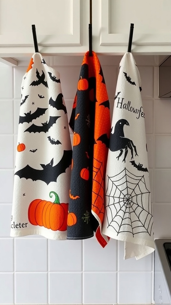 Three Halloween-themed dish towels hanging in a kitchen, featuring bats, pumpkins, and spider webs.