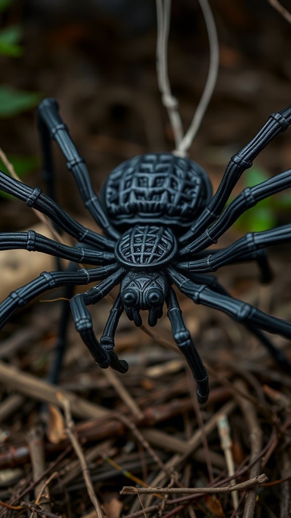 A black spider decoration with intricate details, set against a natural background.