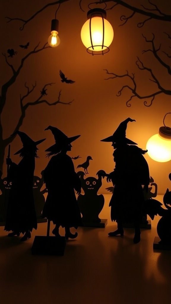 Silhouetted witches and spooky figures casting shadows on a wall with warm lighting.