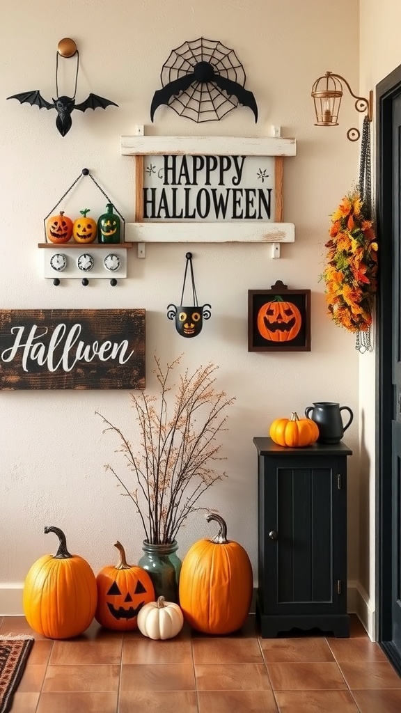 A decorated entryway for Halloween featuring a 'Happy Halloween' sign, pumpkins, and spooky wall art.