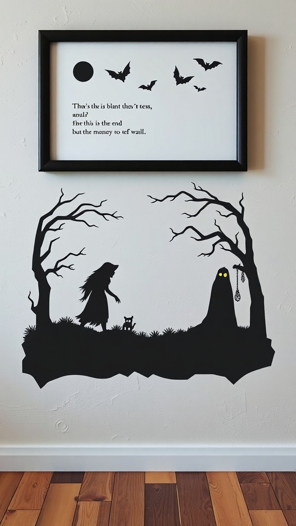 Spooky silhouette art featuring a witch and a ghost against a dark background.