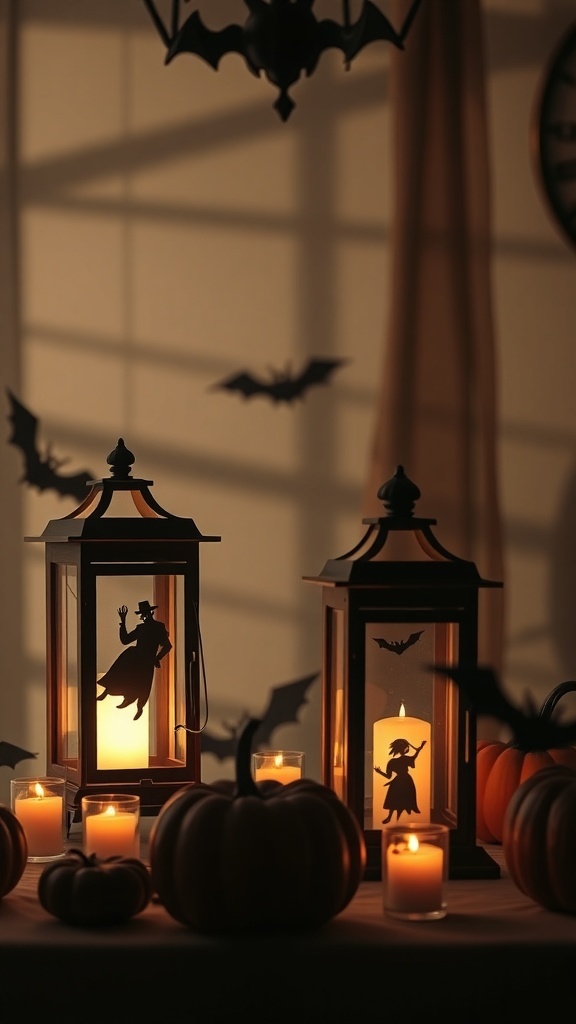 Spooky silhouette lanterns with candlelight and pumpkins on a table
