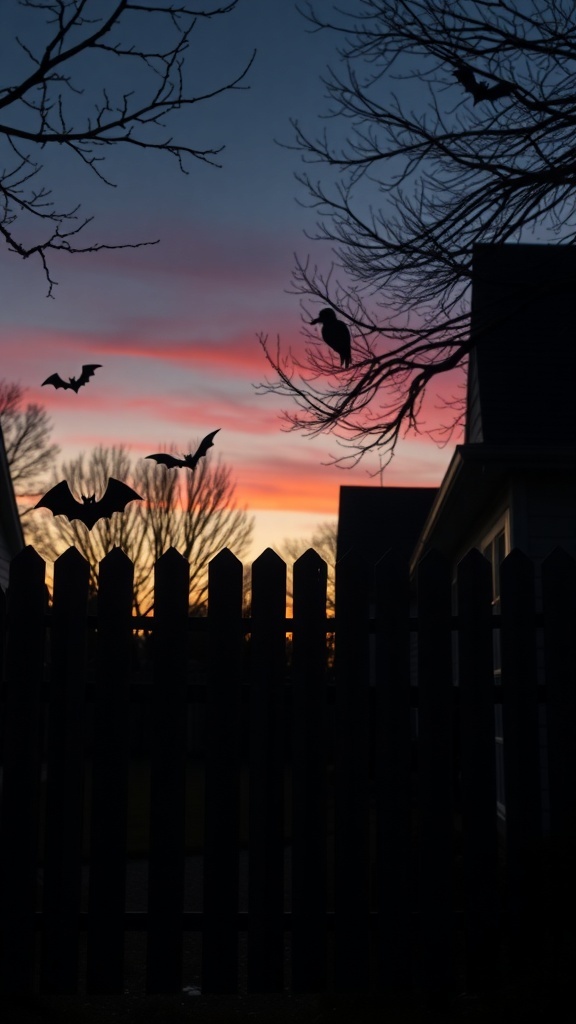 Silhouettes of bats on a fence against a colorful sunset