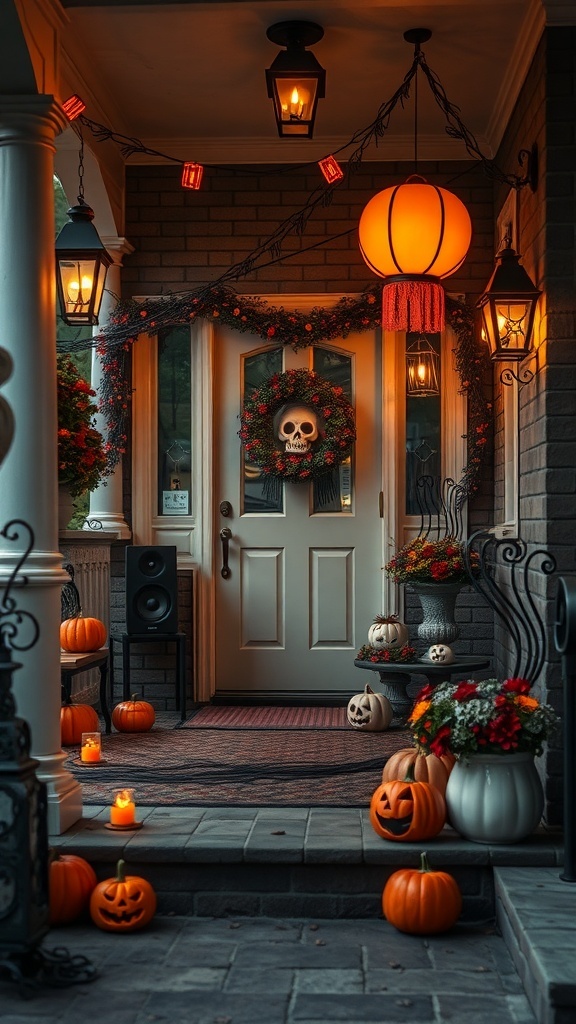 A Halloween porch decorated with pumpkins, lanterns, and a skull wreath, creating a spooky atmosphere.
