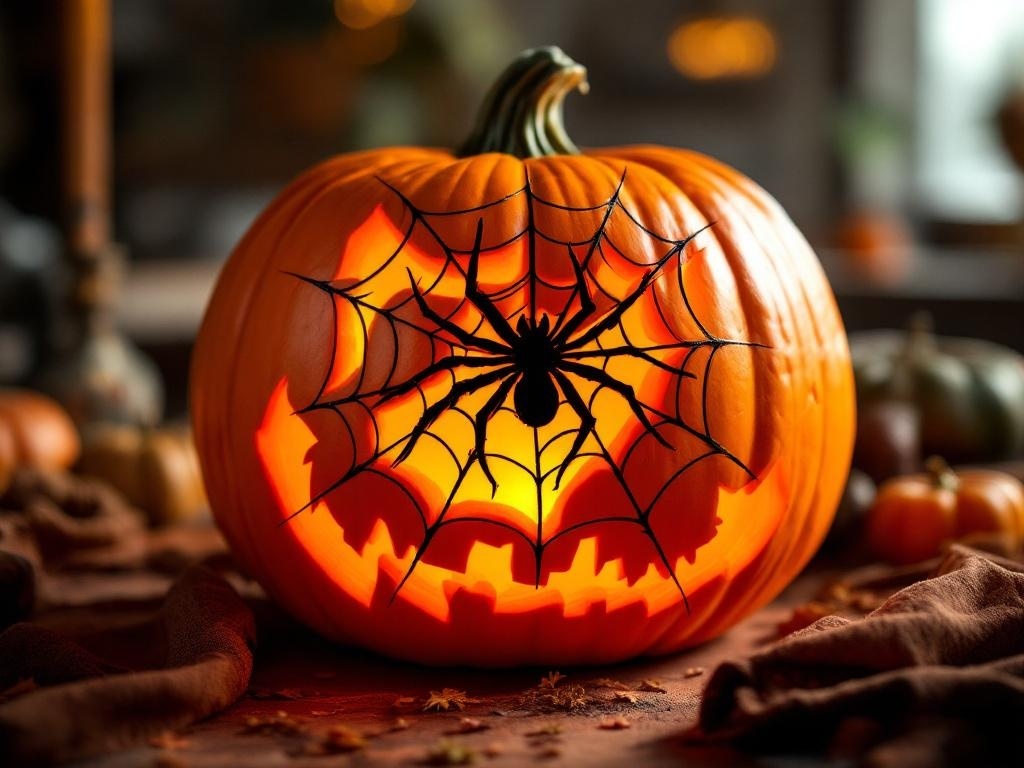A carved pumpkin featuring a spooky spider web design with a spider in the center, glowing warmly.