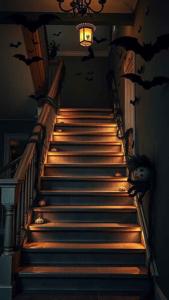A spooky staircase decorated with bats, pumpkins, and soft lighting for Halloween.